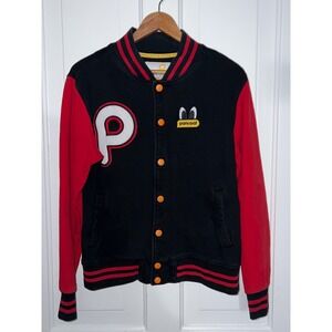 Pancoat Men's Varsity Jacket Black Red P Logo Character Snap Button Size M